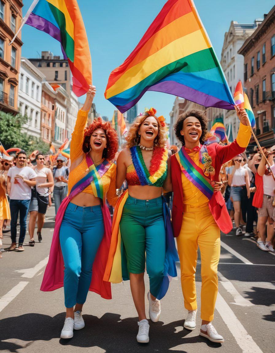 A vibrant parade scene with people of diverse backgrounds waving rainbow flags, wearing colorful costumes, and facepaint. The background features iconic landmarks of a bustling city. In the foreground, friends of different gender identities and sexual orientations are laughing and hugging, capturing a snapshot of pure joy and inclusiveness. The image should emanate festivity, unity, and pride. super-realistic. vibrant colors. bustling cityscape.