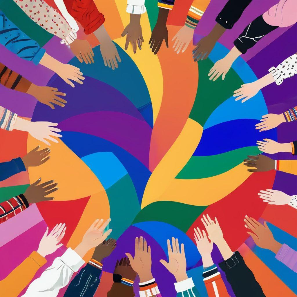 A diverse group of people from the LGBTQ community holding hands in a circle, symbolizing unity and strength, with vibrant pride flags and colors in the background. Faces are expressive, smiles, and support from allies visible. Include different ages, genders, and ethnicities to represent inclusivity. The backdrop should be a blend of rainbow colors forming a heart shape. super-realistic. vibrant colors.