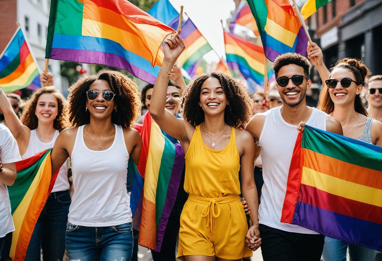 A vibrant and inclusive scene with people of diverse backgrounds celebrating and supporting each other within a colorful LGBTQ community festival. Include flags, couples holding hands, and signs advocating for equality and support. Atmosphere of joy, unity, and empowerment. super-realistic. vibrant colors.